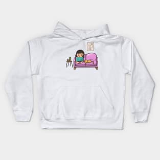 Cute Girl Working On Laptop With Cat Cartoon Kids Hoodie